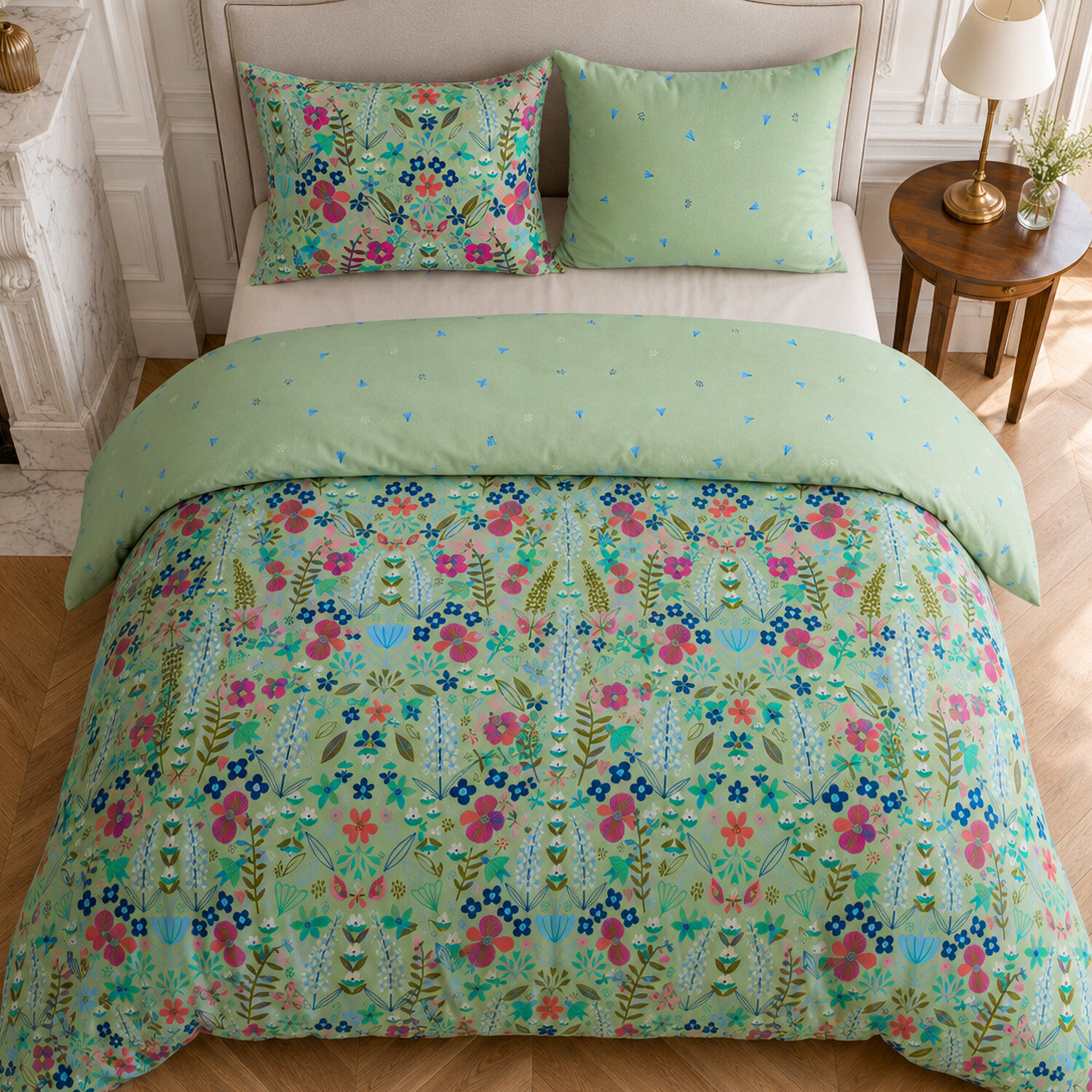 Parure housse de couette 100% percale de coton motif floral printemps vert - KATE MERRITT