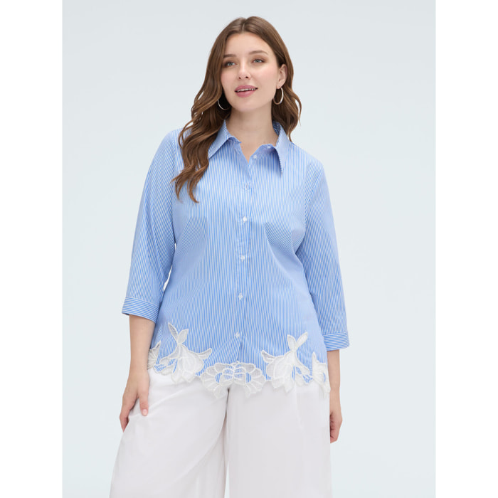 Fiorella Rubino - Camicia a righe in cotone con dettaglio macramè - Azzurro