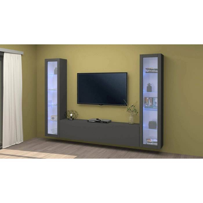 Parete attrezzata Gino, Set salotto porta TV a 3 ante, Mobile soggiorno multiuso con vetrina e luce LED, 100% Made in Italy, cm 260x30h180, Antracite