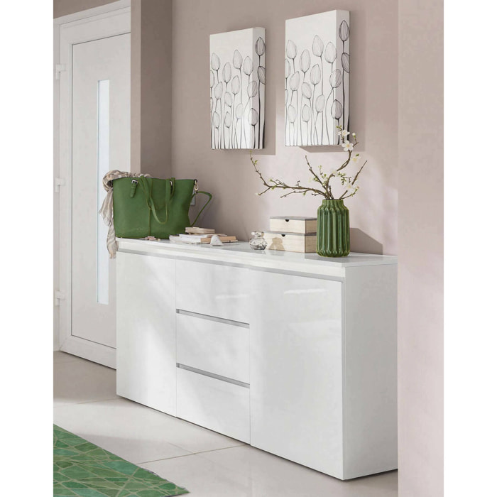 Credenza Amoco, Madia di design a 2 ante 3 cassetti, Buffet da soggiorno, Madia da cucina, 100% Made in Italy, cm 150x40h81, Bianco lucido