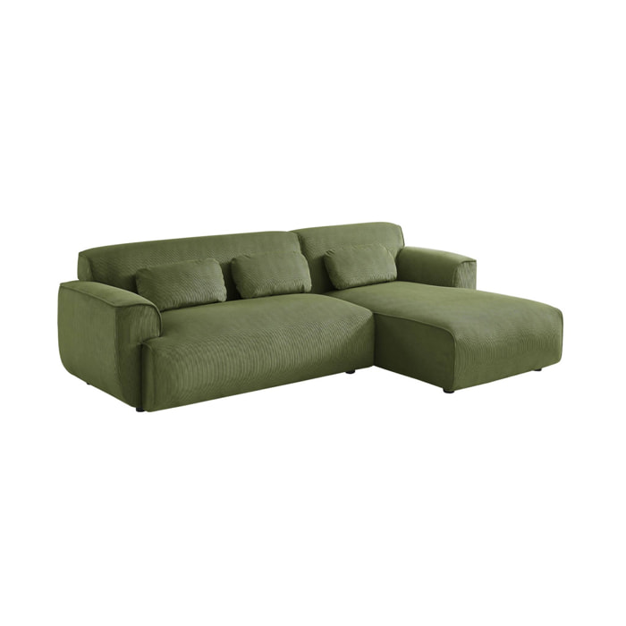 Canapé d'angle droit. 2 à 3 places. velours côtelé vert. Wallas L 196 x P 151 / 91 / x H 73cm