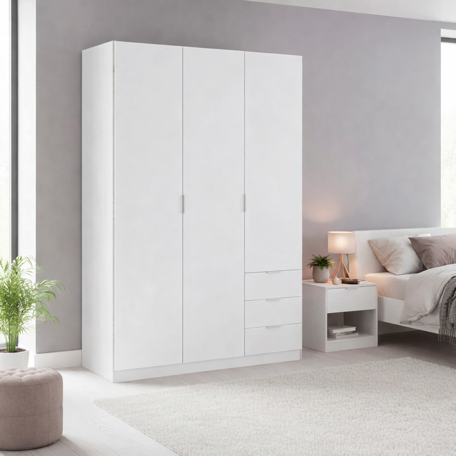 Armadio Con 3 Ante Battenti E 3 Cassetti Armadietto Con Asta Appendi Abiti E 3 Ripiani Per Camera Da Letto Design Moderno 180 x 121 x 52 Cm Bianco