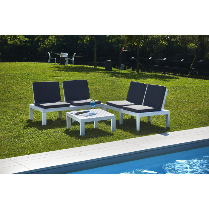 Set salotto da esterno Vigevano, Set da giardino con 4 sedute con schienale ed 1 modulo multifunzione, Salottino con cuscini, 100% Made in Italy, Bianco