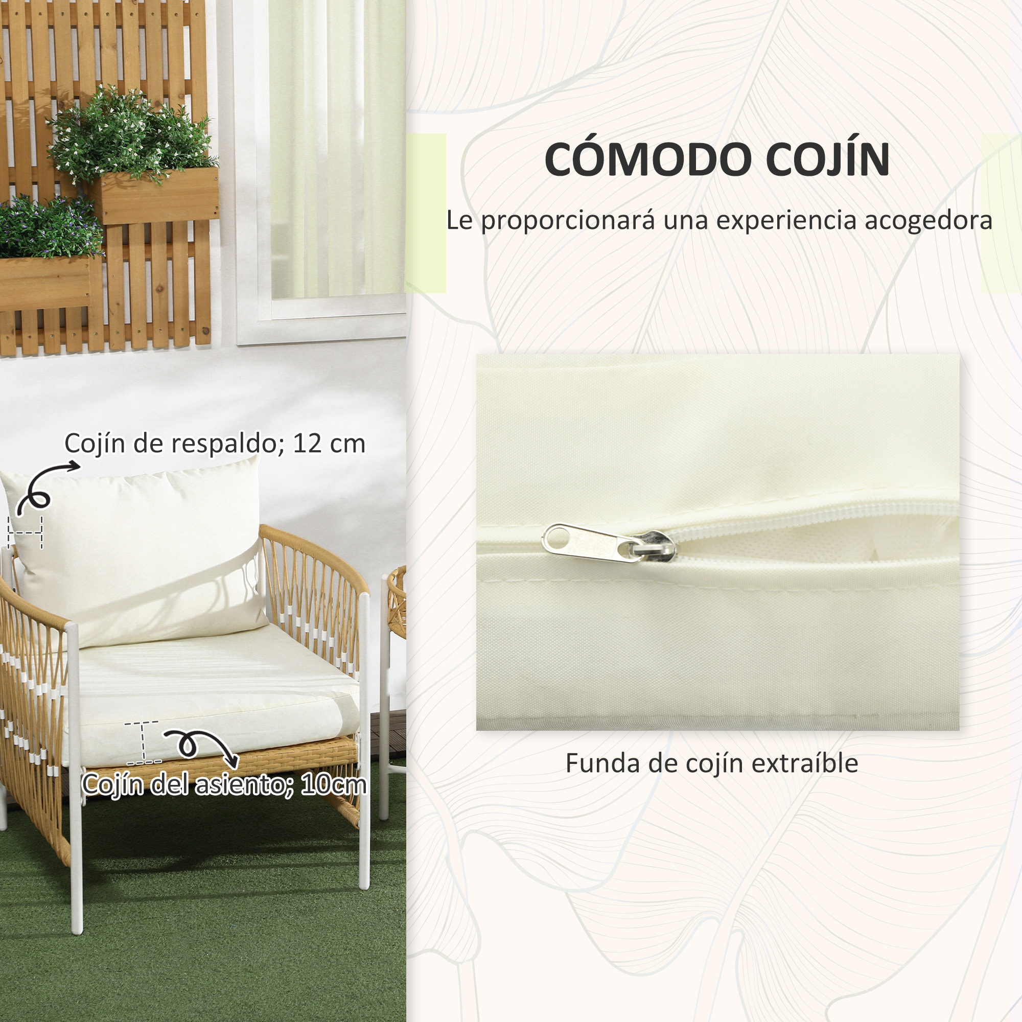 Conjunto Jardín Exterior de 3 Piezas, Muebles de Jardín con 2 Sillas, Mesa de Ratán, Cojines Acolchados, Fundas Extraíbles y Marco de Acero, Resistente a la Intemperie, para Balcón, Crema