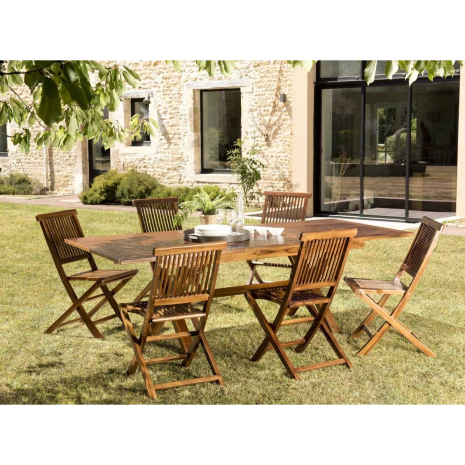 MAEVA - SALON DE JARDIN BOIS TECK HUILÉ 8/10 personnes - 1 table rect. pieds croisés extensible 180*240/100 cm et 6 chaises