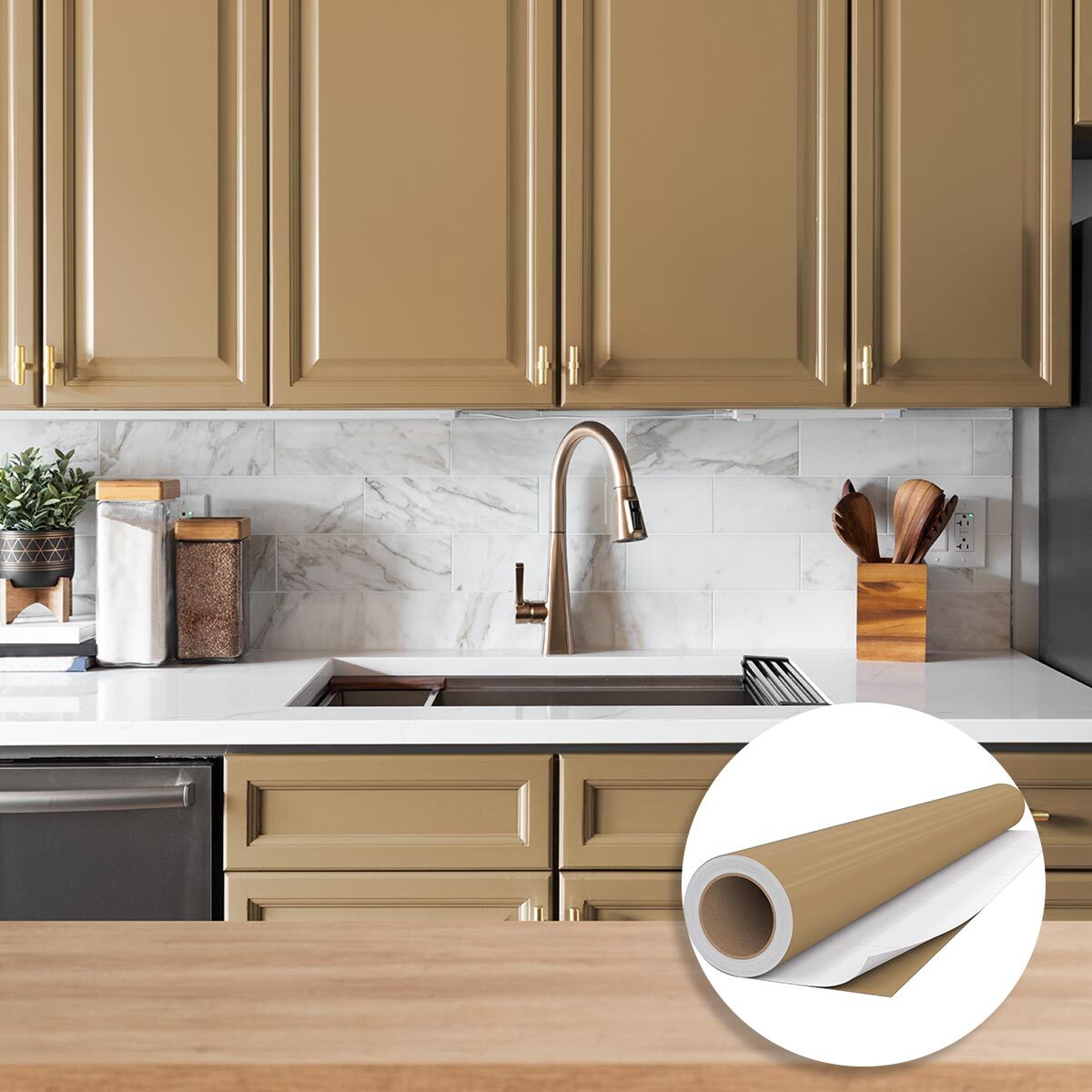 Rouleau adhésif décoratif Vinyle au Mètre - Marron clair - Sticker Lavable Imperméable Mur Cuisine Meubles