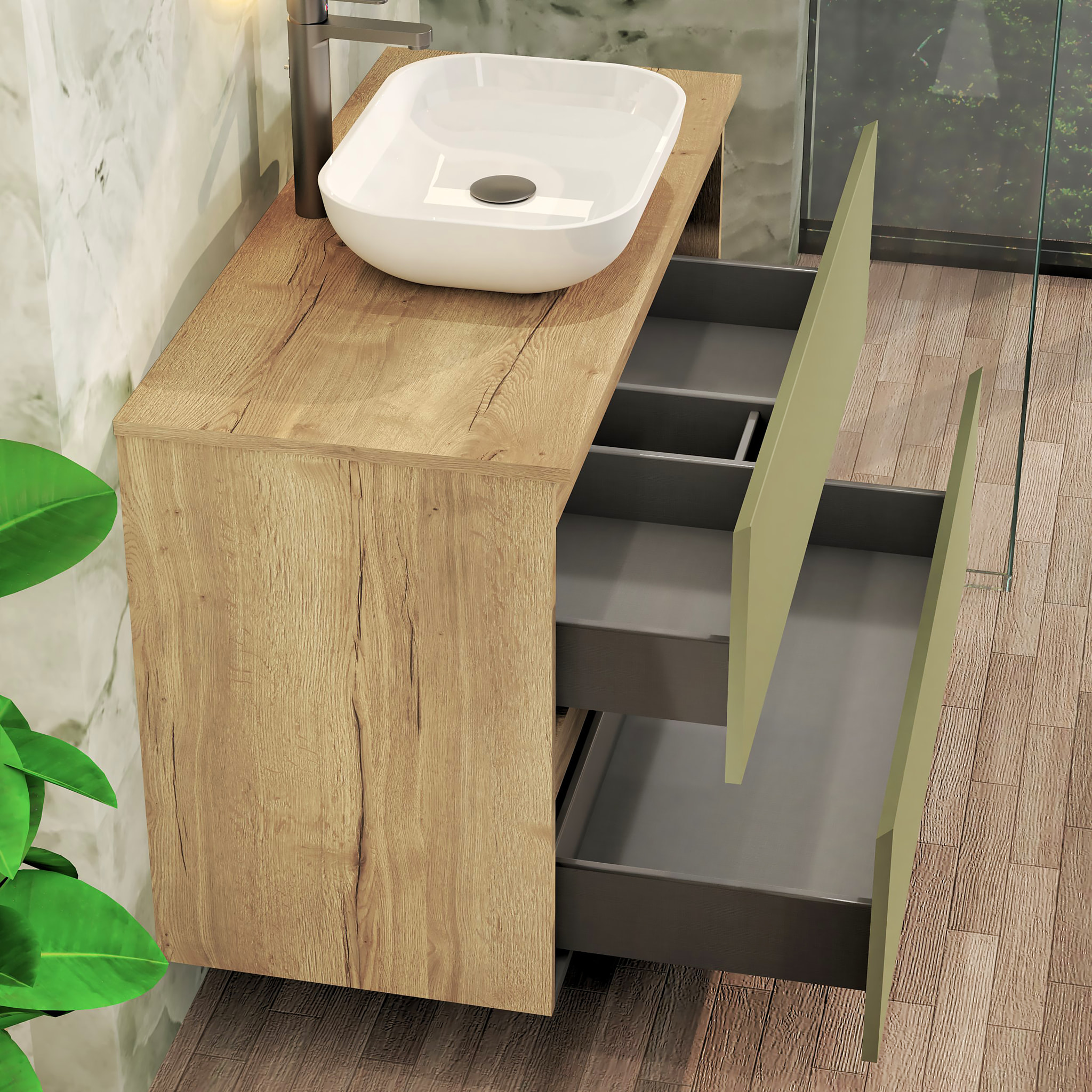 Conjunto de Baño Nia | Mueble Suspendido | 100 cm Verde | Dos Cajones | Lavabo Sobrepuesto | No incluye Espejo | Mueble Montado| Alday