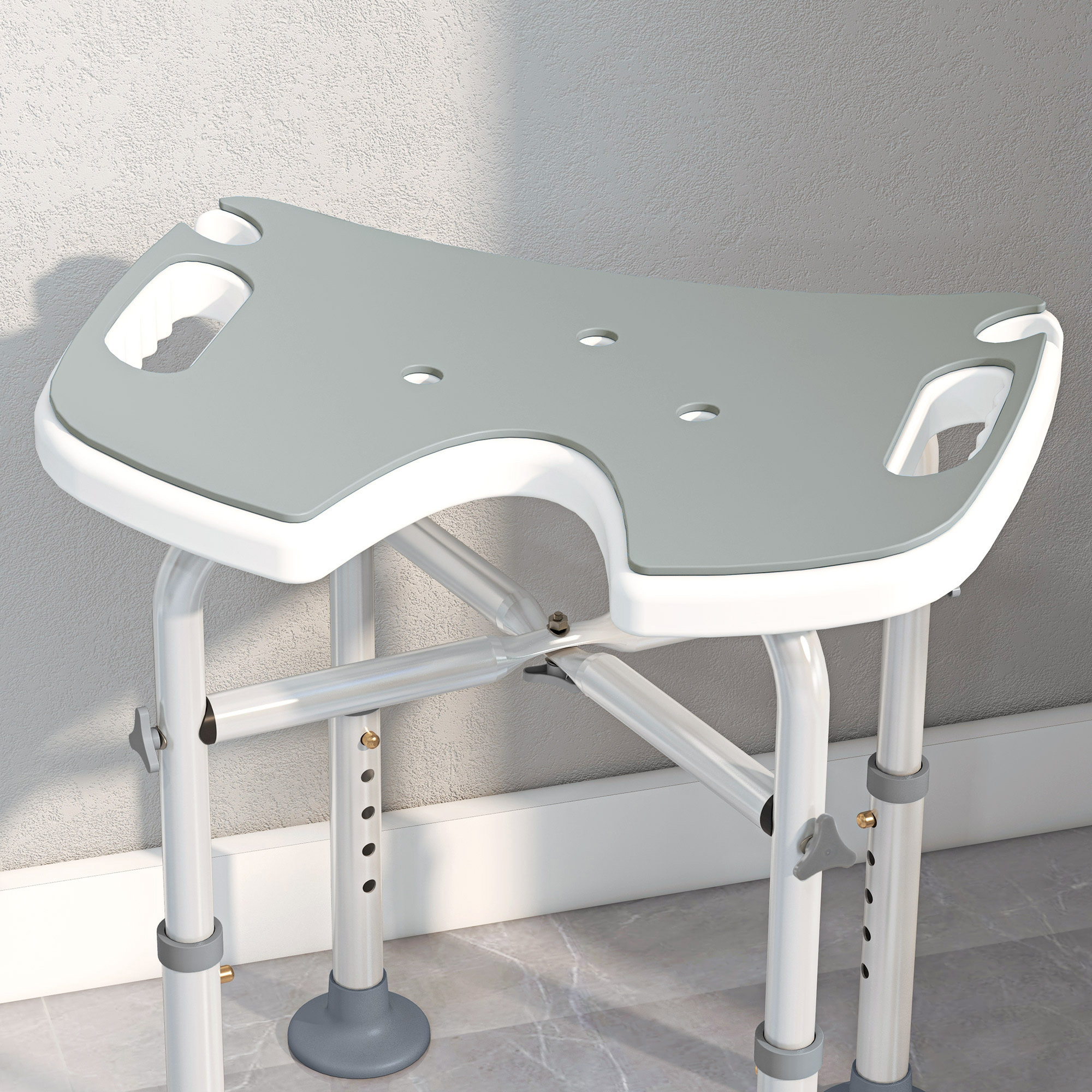 Tabouret de douche - siège de douche avec barre d'appui ventouse - hauteur réglable - alu HDPE gris blanc