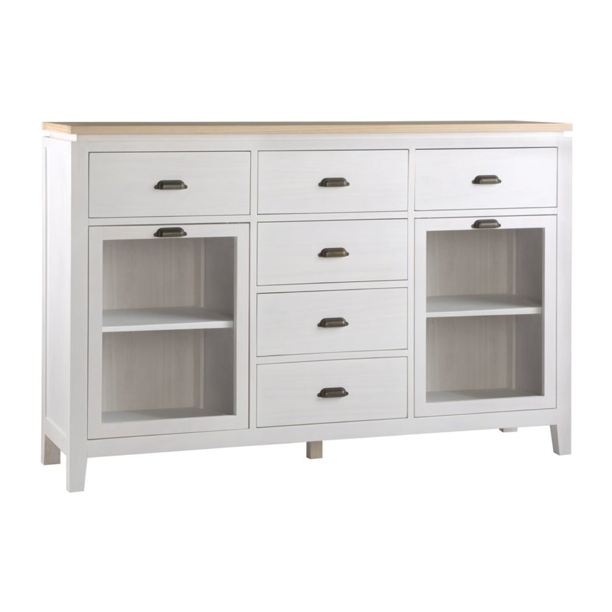 Buffet Avelin -bois massif de mindi et placage naturel de mindi-couleur blanc bergen/naturel 160 x 105 x 42 cm