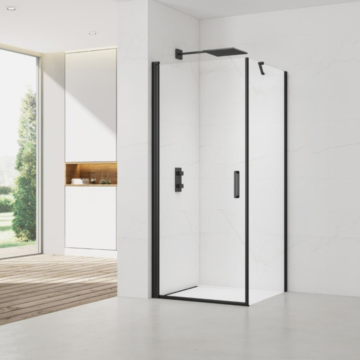 Fusion ensemble porte pivotante /paroi 90x90cm anticalcaire avec profilés noir mat (SATFUD90S90C-SET)