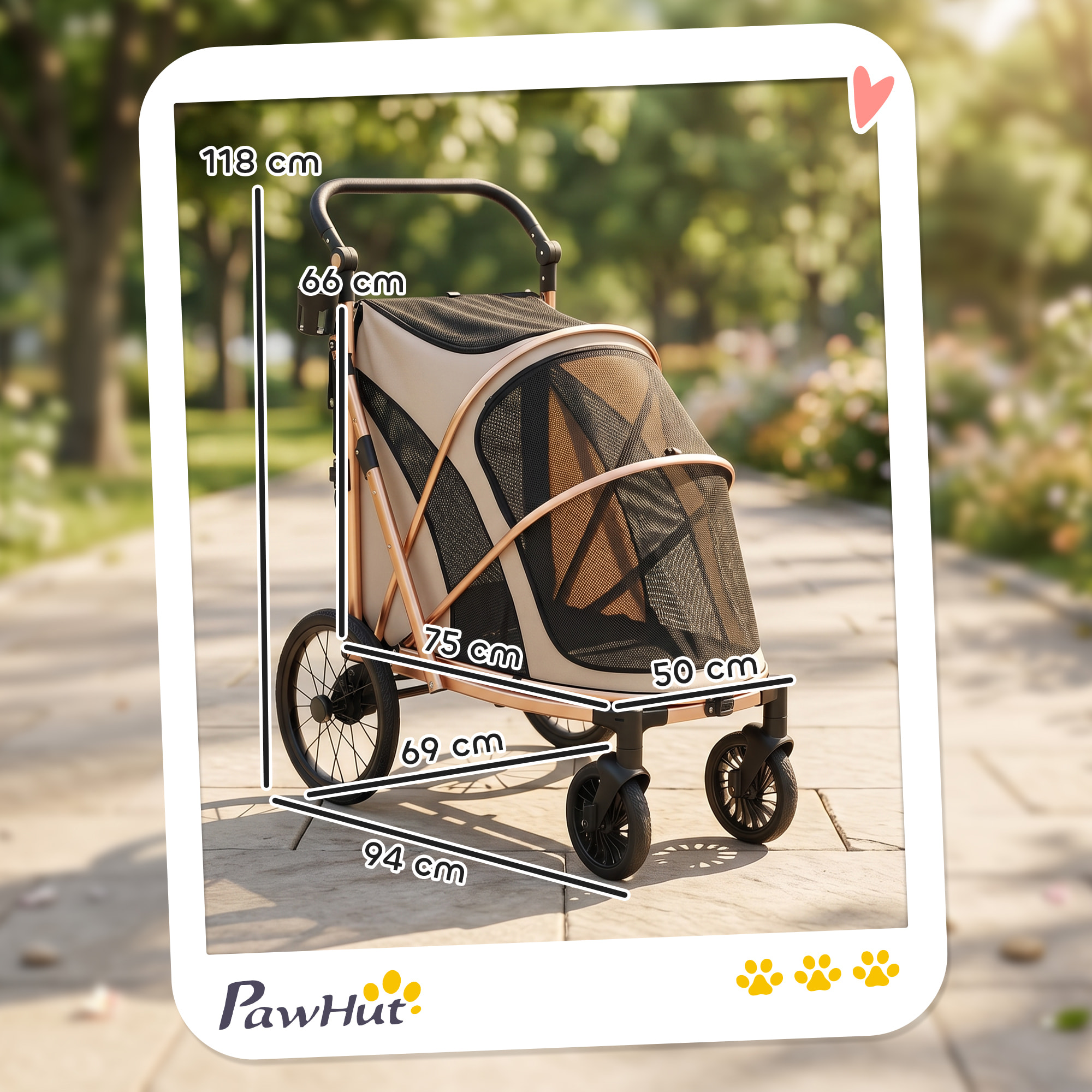 Carrito para Perros Plegable hasta 20 kg, Cochecito para Perros Medianos con Ruedas Grandes de Goma, Suspensión y Freno, Ventanas de Malla, Marco de Aluminio, Cojín, Correas, Marrón Claro