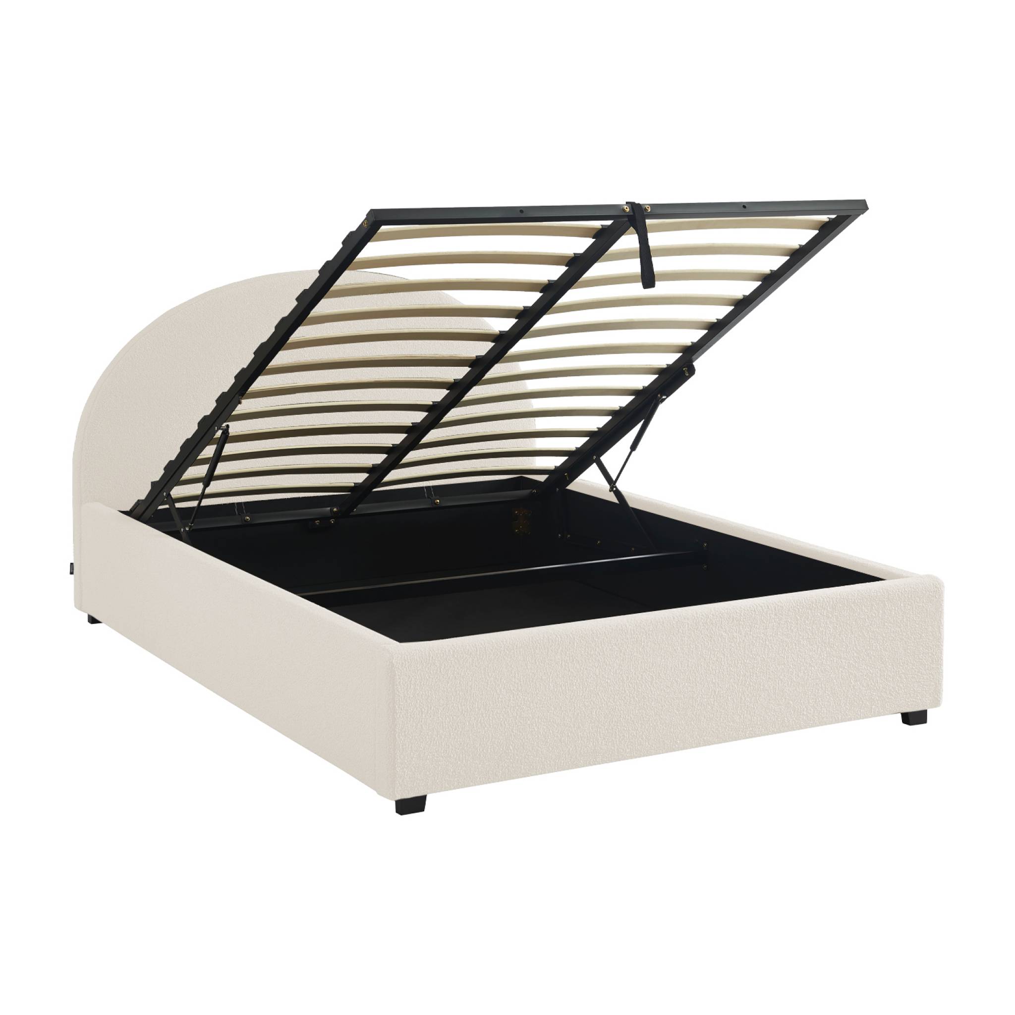 Lit coffre avec sommier à lattes et tête de lit. finition bouclette. blanc. L 206 x P 153.5 x H 102cm