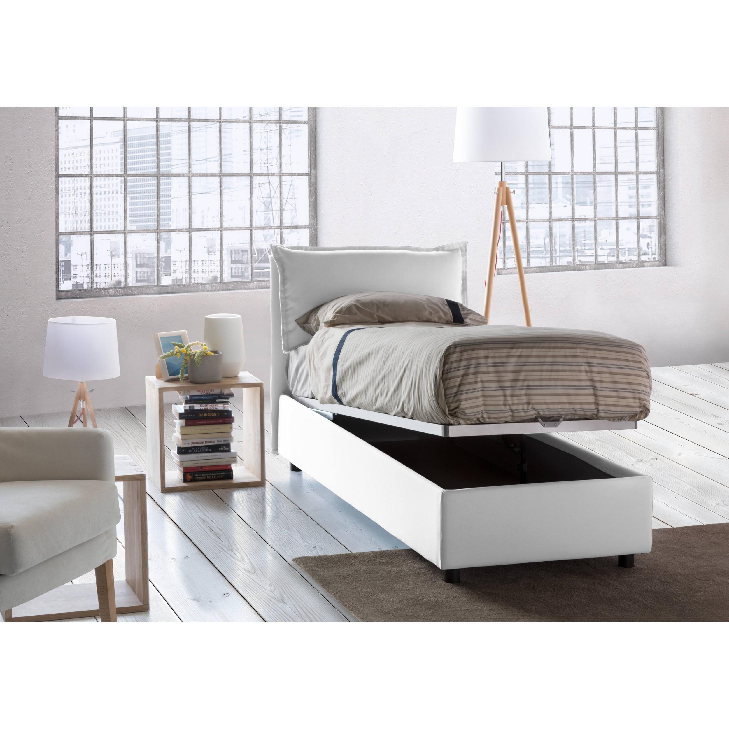 Letto singolo Evelyn, Letto contenitore con rivestimento in tessuto, 100% Made in Italy, Apertura frontale, adatto per materasso Cm 90x200, Bianco