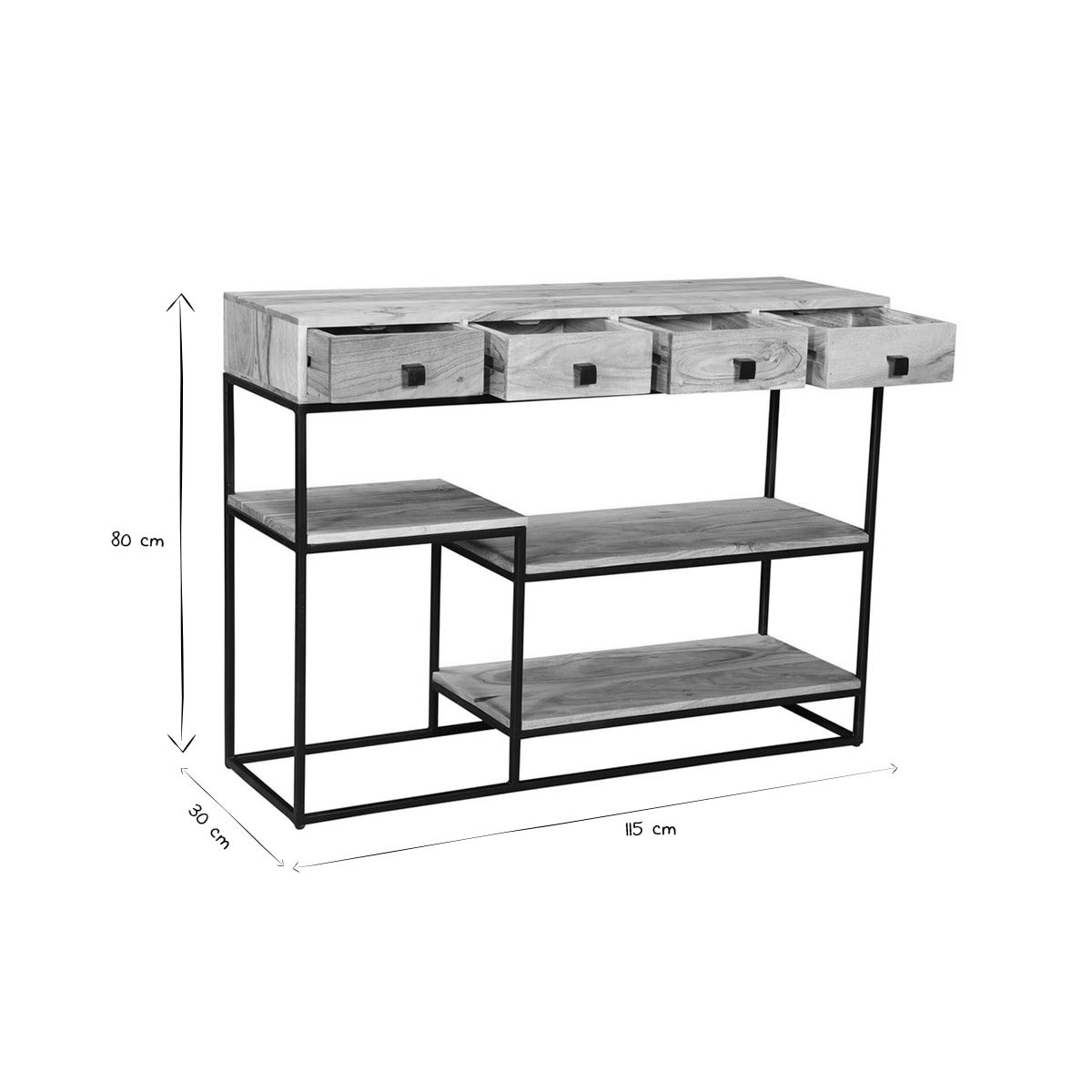 Console industrielle avec rangements 4 tiroirs en bois massif et métal noir L115 cm GRENELLE