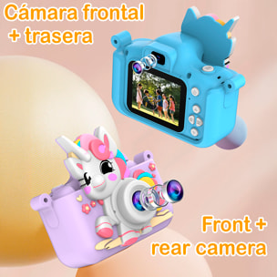 Cámara infantil de fotos y video. 44mpx y video FHD, zoom digital 8x. Cámara trasera para selfies, juegos incorporados. Funda de silicona diseño dinosaurio.