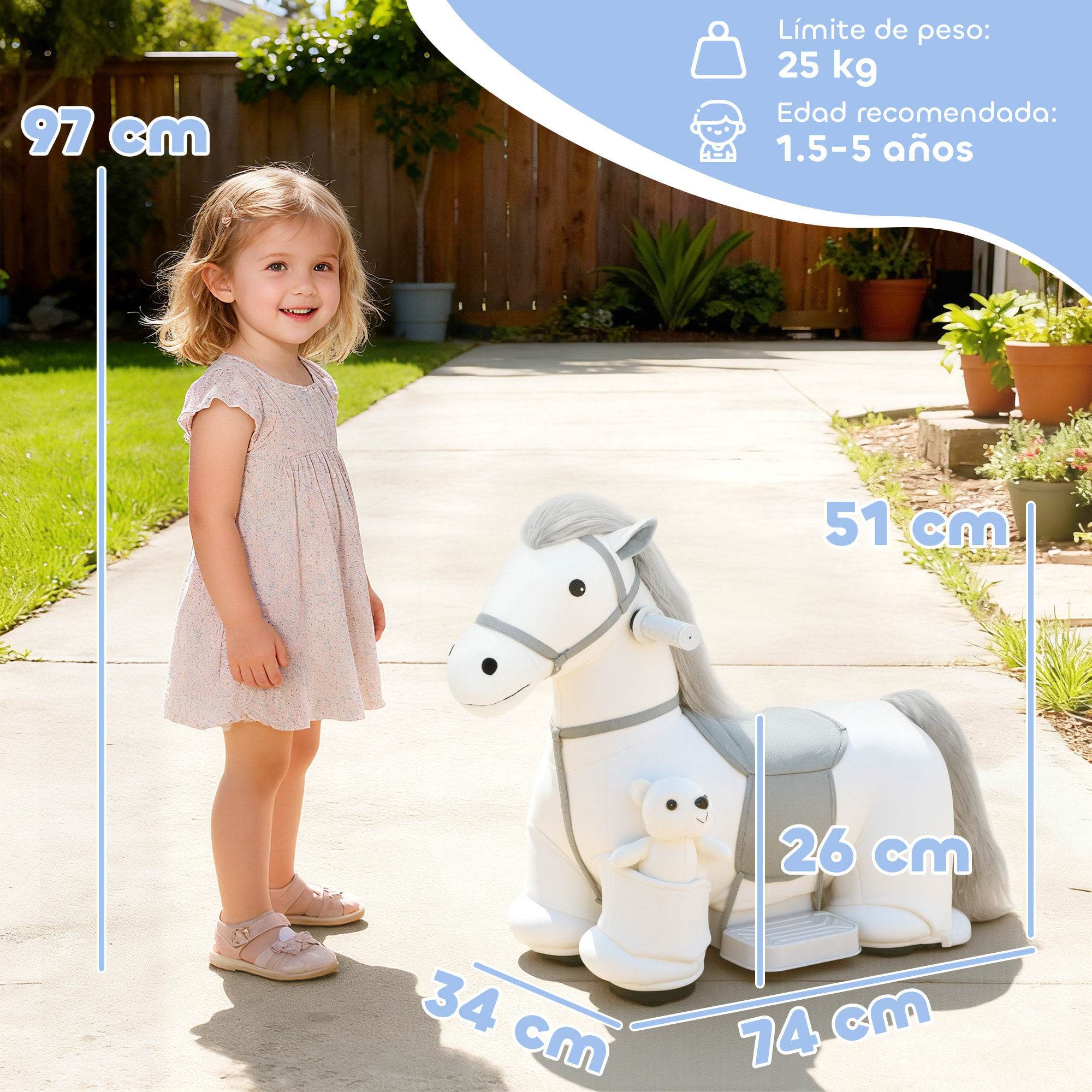 Caballito Eléctrico con Música, Batería 6V, Caballo de Juguete Eléctrico, Tacto Suave, Ruedas Silenciosas de PU, Marcha Adelante, Regalo para Niños y Niñas de 1,5 a 5 Años, Blanco