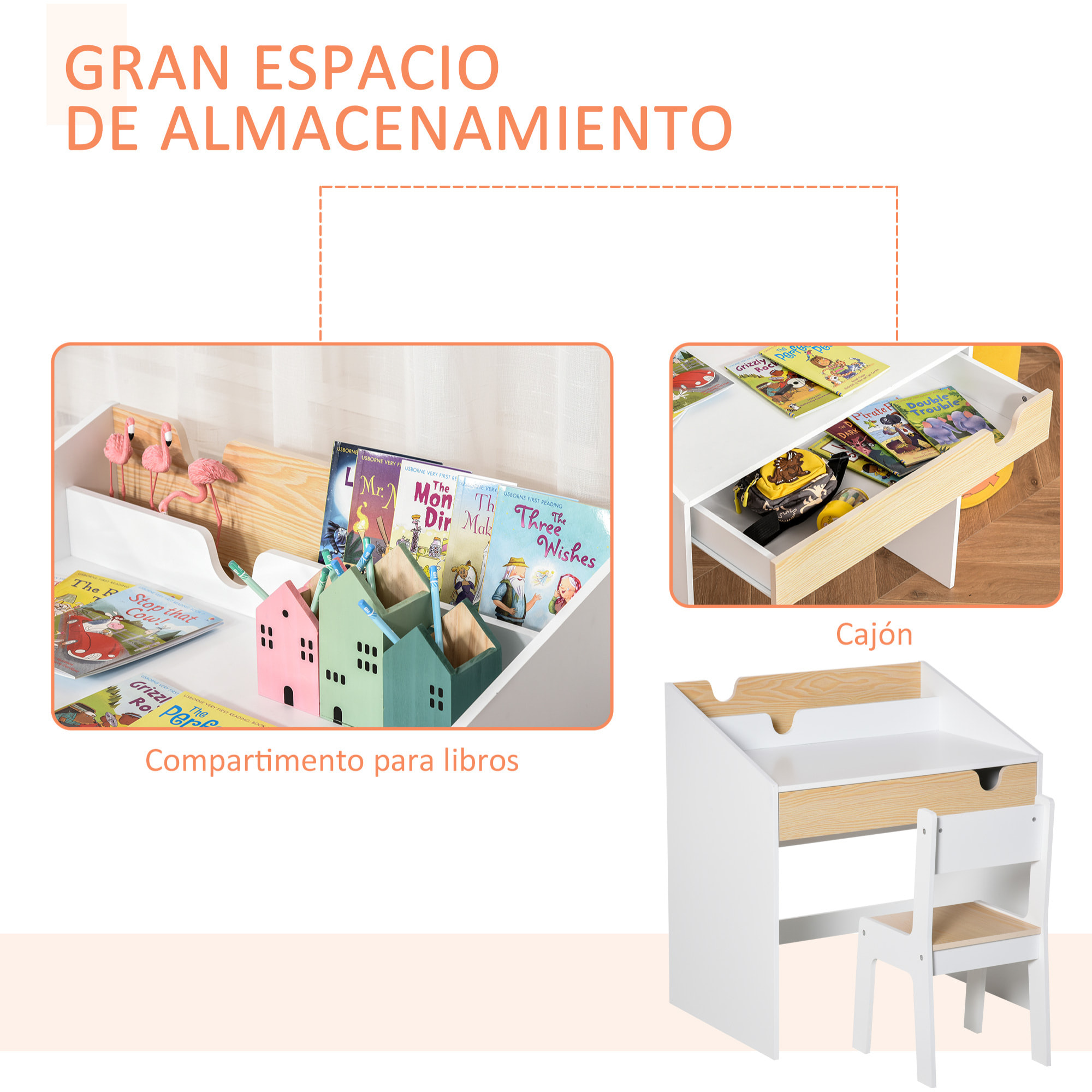 Escritorio para Niños con Silla de 3 a 6 Años Pupitre Infantil 2 en 1 Conjunto de Escritorio 2 Piezas con Cajón y Eatantes de Libros 70x50x75 cm Blanco y Natural