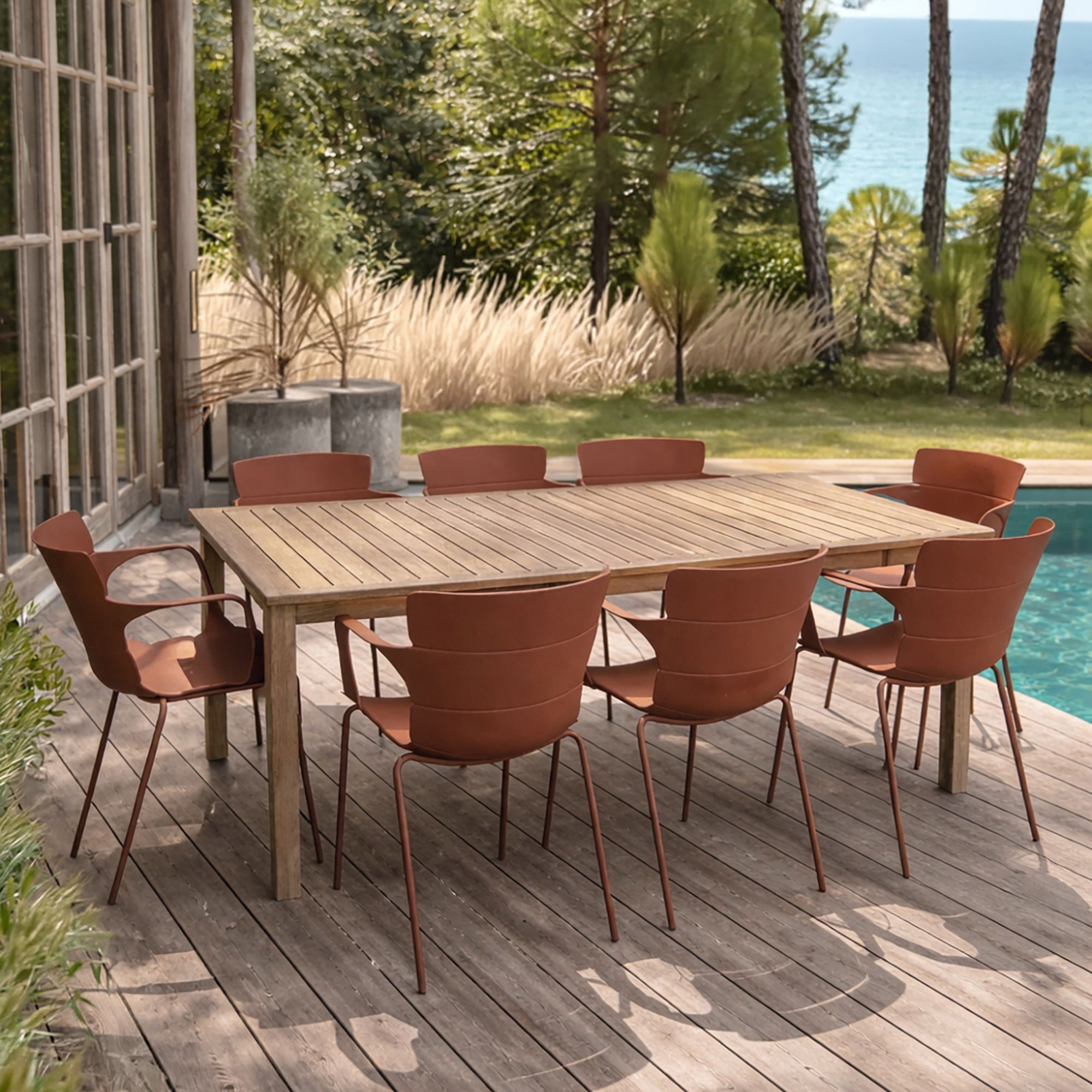 Ensemble table en bois d'acacia et 8 fauteuils de jardin brique MONTAUK