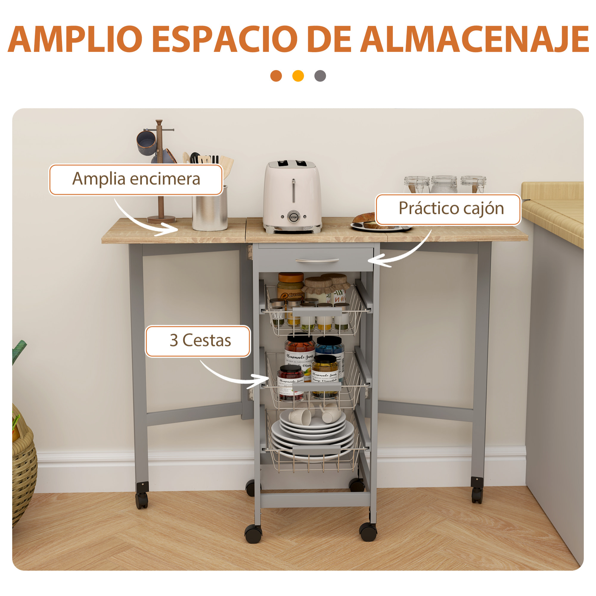 Carrito de Cocina con Alas Plegable, Carrito Auxiliar con Ruedas, Verdulero con Cajón y 3 Cesta de Metal, 97,2x37x77,5 cm, Gris y Roble