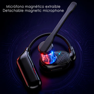 Auricular Bluetooth manos libres V1. Diseño reversible para uso en ambas orejas, micrófono magnético extraíble de 360° y batería de larga duración.