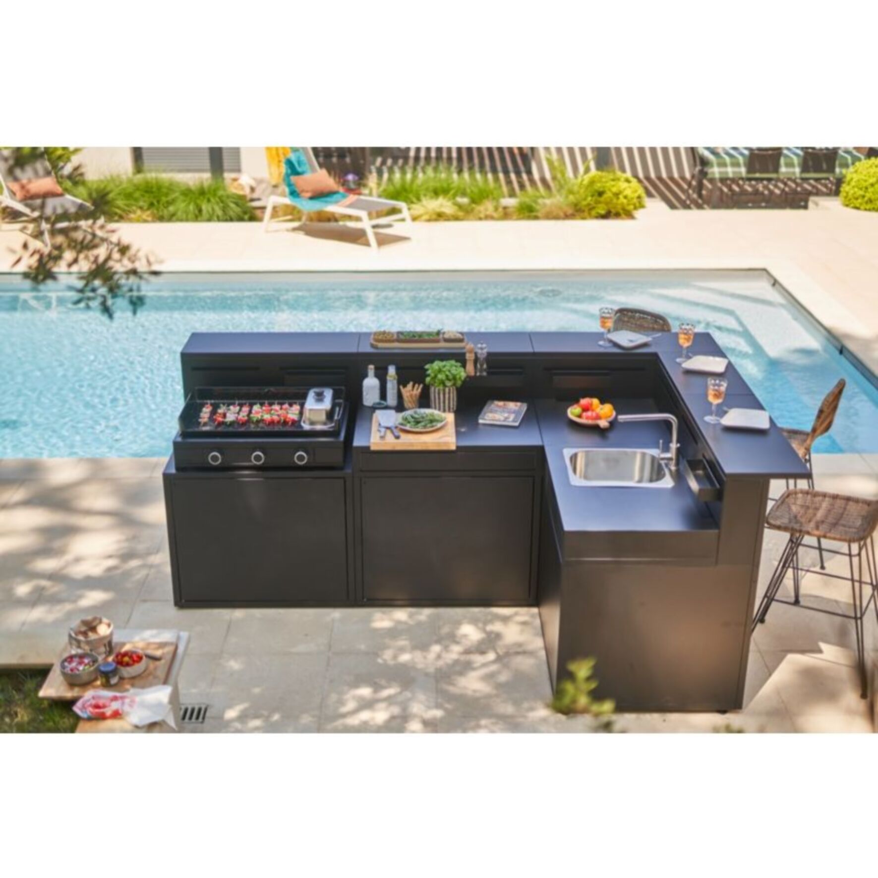 Meuble de cuisine extérieure FORGE ADOUR SPAF CBN meube pour plancha, porte rangement, pieds réglables, largeur 90 cm