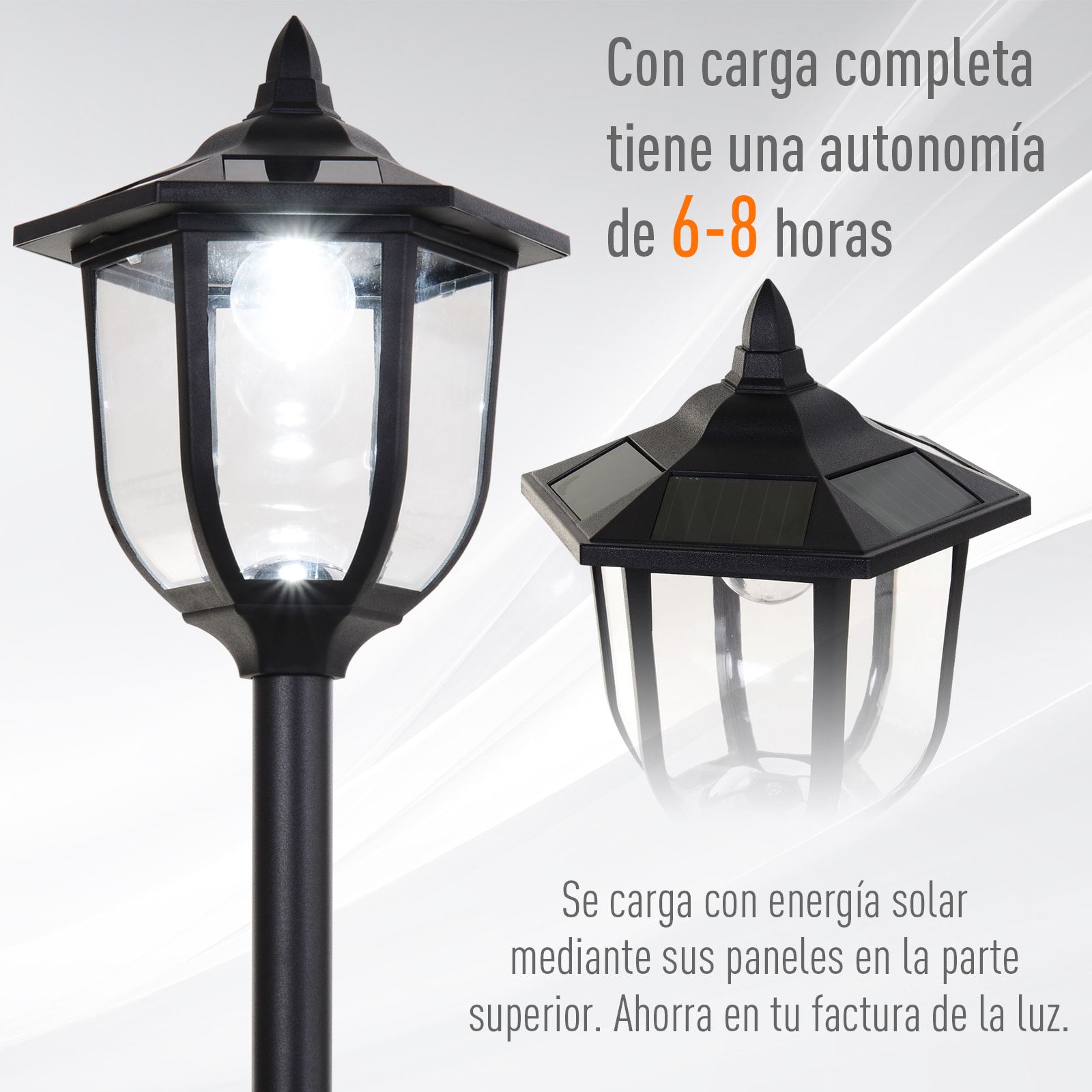 Farola Solar con Panel Solar a Cargar Batería Protección al Ambiente 6 LED Perfecto para Noche Encendido Automático Autonomía de 6 Horas Instalar Fácil Negro ÃÂ¤26,5 x 177cm