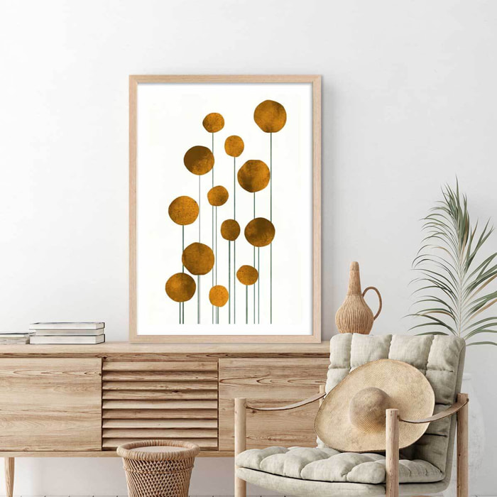 Affiche Fleurs d'eau dorées Affiche + cadre en bois - Chêne