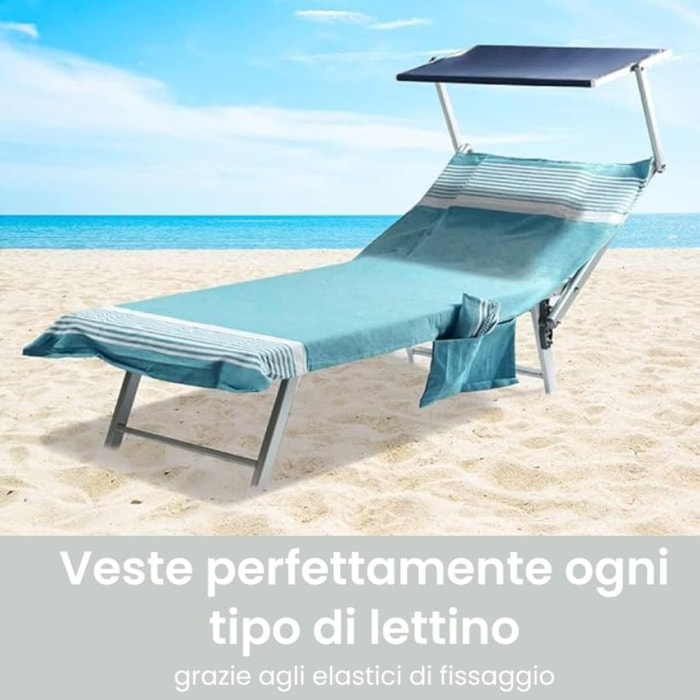 Telo mare lettino con tasche ed elastici in cotone e poliestere, telo spiaggia ultra assorbente con fissaggio stabile, morbido e pratico, ideale per lettini mare piscina e spa, dimensioni generose, lavabile e resistente per uso estivo