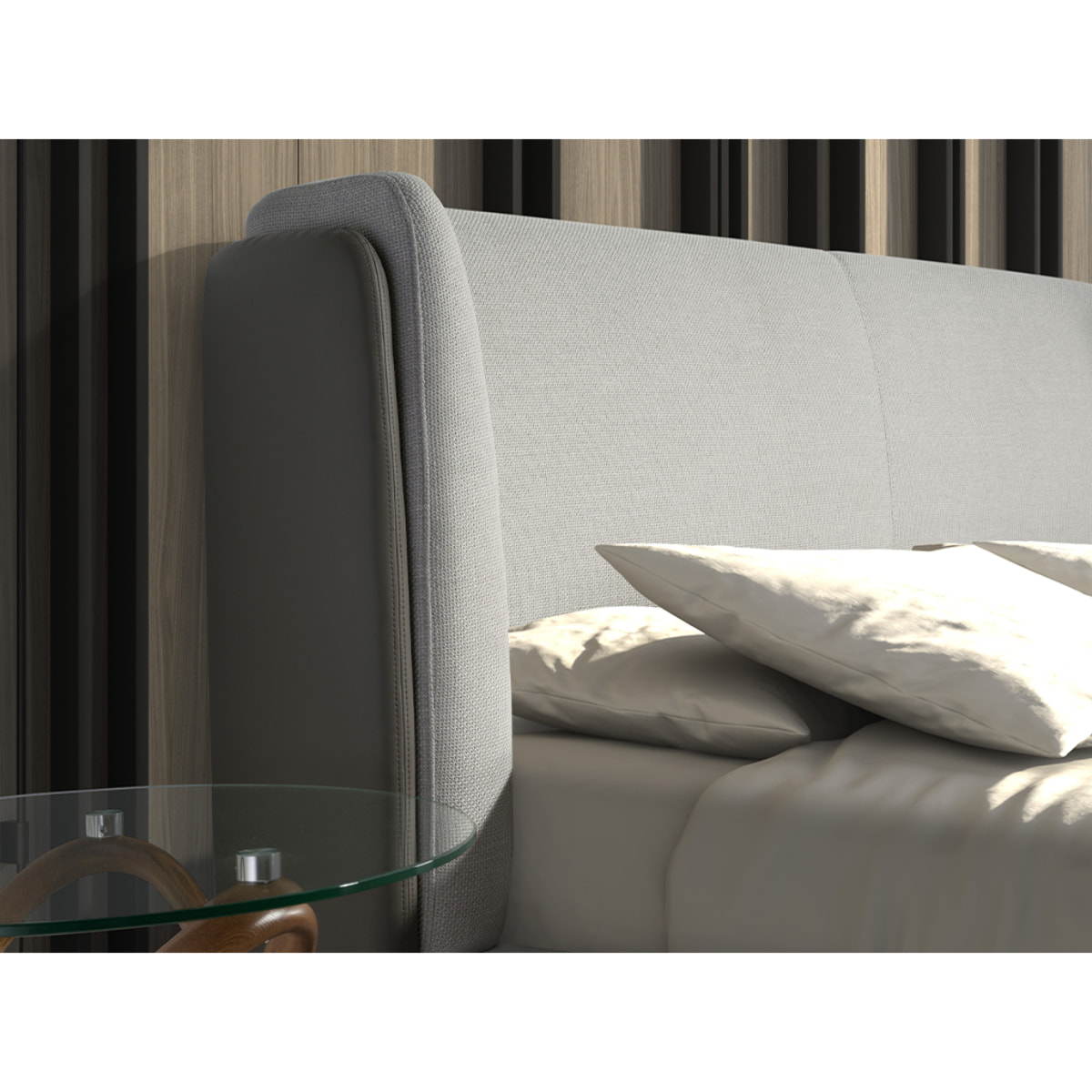 Cama Angel Cerdá de matrimonio con un cabecero y estructura en tela en gris claro y patas de acero inoxidable pulido oscurecido 218x229x105cm