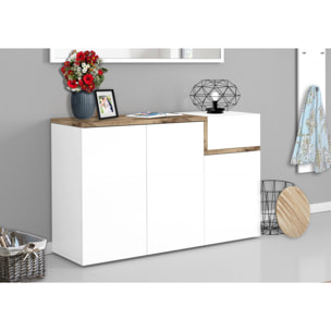 Scarpiera moderna, Made in Italy, 3 ante e 1 anta a ribalta, Portascarpe da ingresso, cm 120x40h80, colore Bianco lucido e Acero