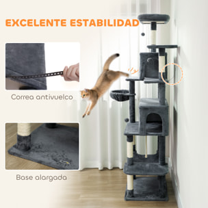 Árbol Rascador para Gatos, Árbol para Gatos 202 cm, Torre Escalador con Plataformas, Cama, Cuevas, Postes de Sisal, Bolas y Cuerda para Jugar, Gris Oscuro