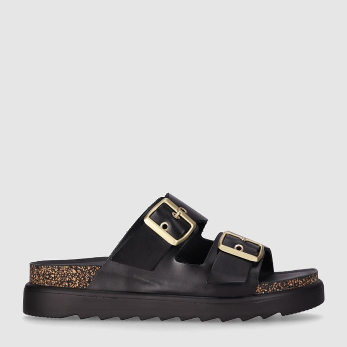 Sandalias de Piel - Negro - Tacón: Bajo