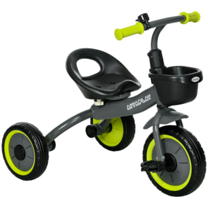 Tricycle enfant multi-équipé garde-boue sonnette panier pédales antidérapantes siège réglable avec dossier métal noir