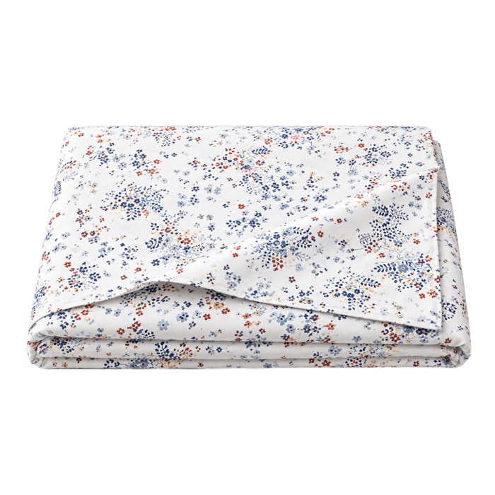Drap plat satin de coton 110 fils motif floral - Blanc