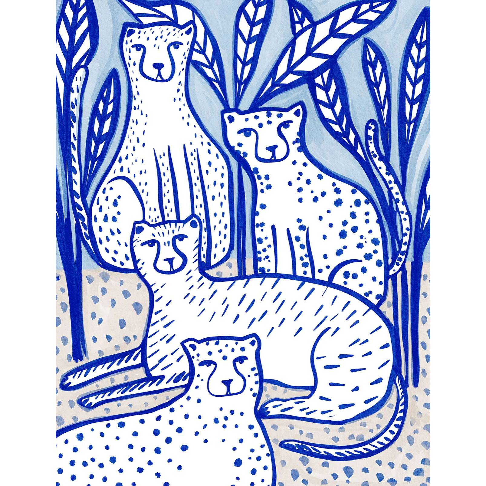 Papier peint léopards stylisés bleu et blanc esprit illustration Intissé