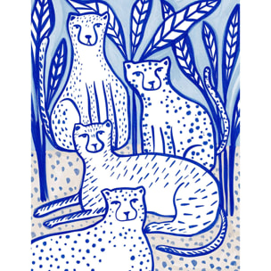 Papier peint léopards stylisés bleu et blanc esprit illustration Intissé