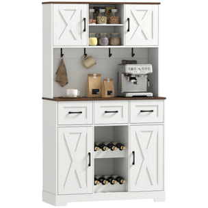 Alacena de Cocina Alta, Mueble Auxiliar de Cocina, Botellero para 8 Botellas, 4 Puertas, 3 Cajones, Estantes Abiertos, Encimera Amplio, 4 Ganchos, Orificio para Cables, Blanco, 100x38x172 cm