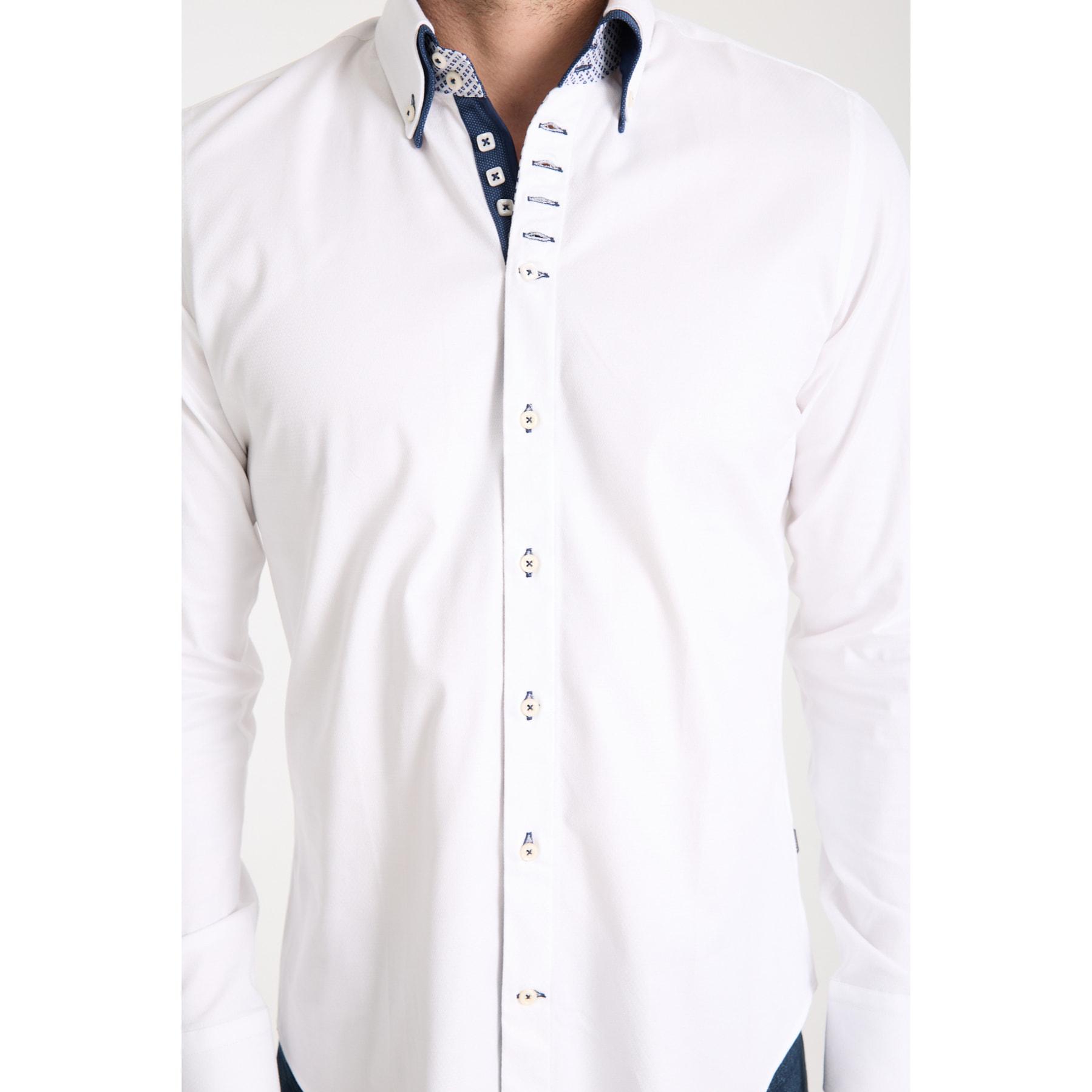 Camicia Uomo 2 Bottoni Button Down 7bottoni Doppio Coll Jacquard Fantasia Bianco e Bianco
