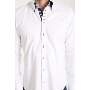 Camicia Uomo 2 Bottoni Button Down 7bottoni Doppio Coll Jacquard Fantasia Bianco e Bianco