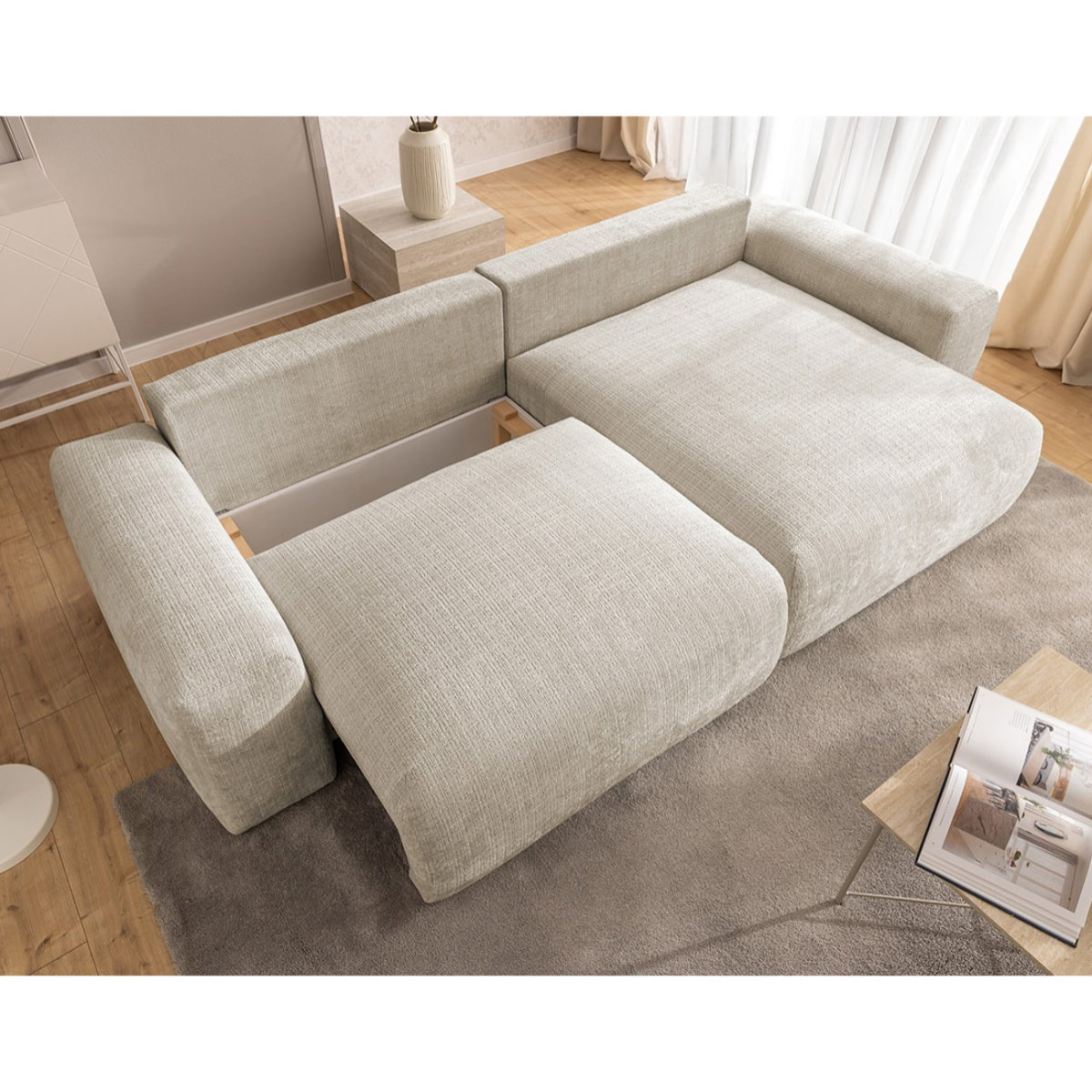 Constance - Canapé d'angle réversible 4 places convertible avec coffre en velours texturé - Beige