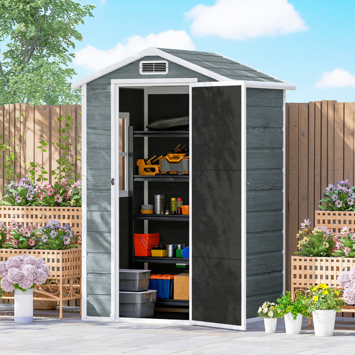 Abri de jardin 1,09 m² porte verrouillable plancher fenêtre aération résine PP effet bois gris blanc