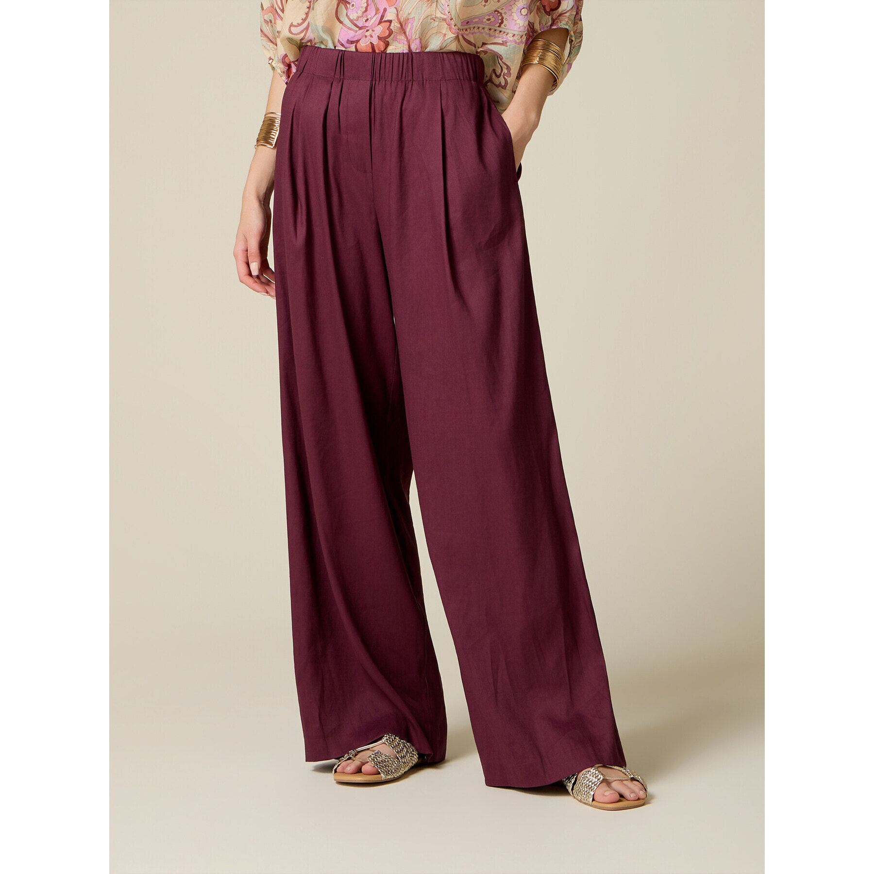 Oltre - Pantaloni palazzo misto lino - Bordeaux