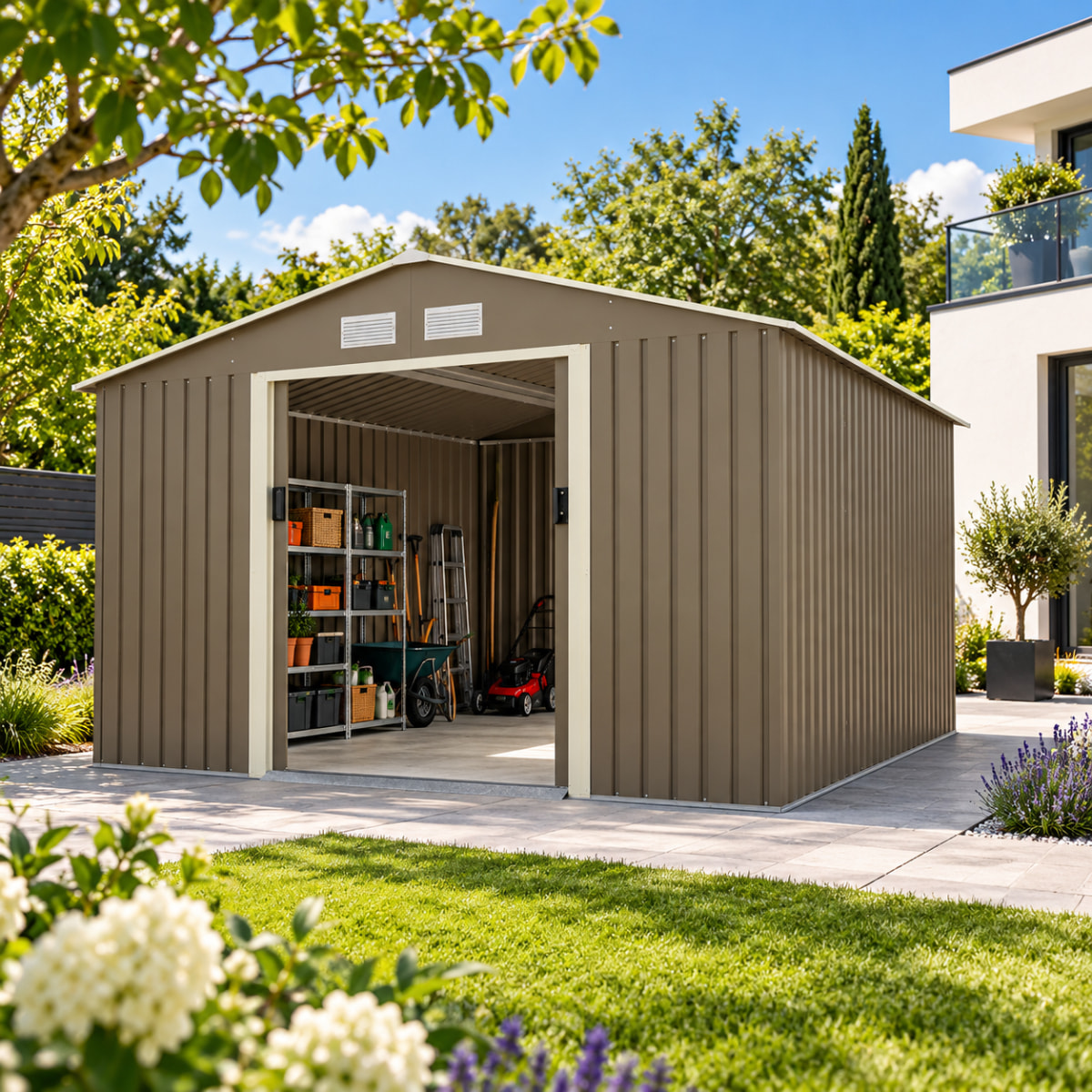 Abri de jardin métal gris/vert 9,05 m² + kit d'ancrage