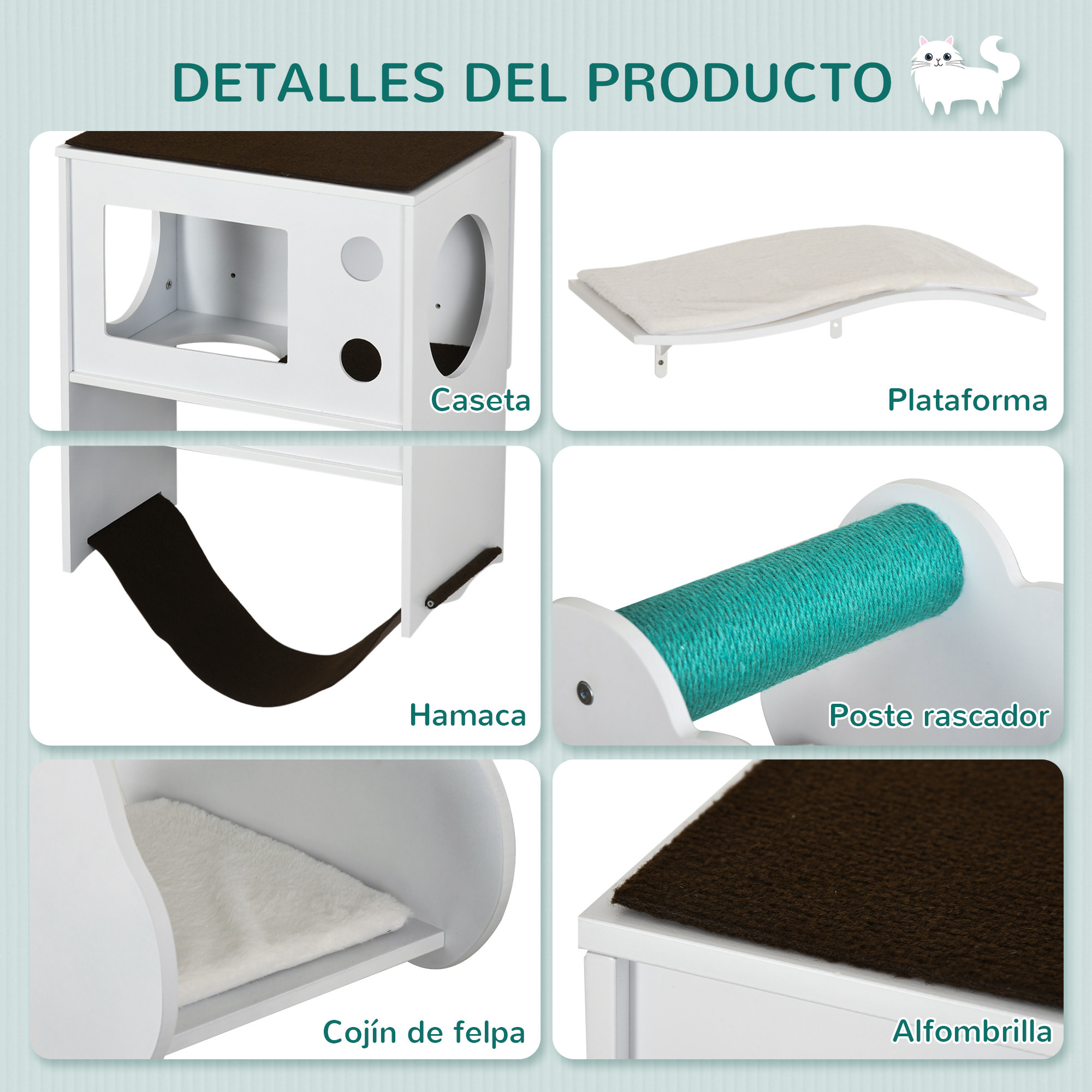 Estantes para Gatos de Pared de 3 Piezas Muebles de Pared para Gatos Centro de Actividades para Gatitos con Caseta Plataformas Hamaca Poste de Sisal y Cojines Suaves Blanco