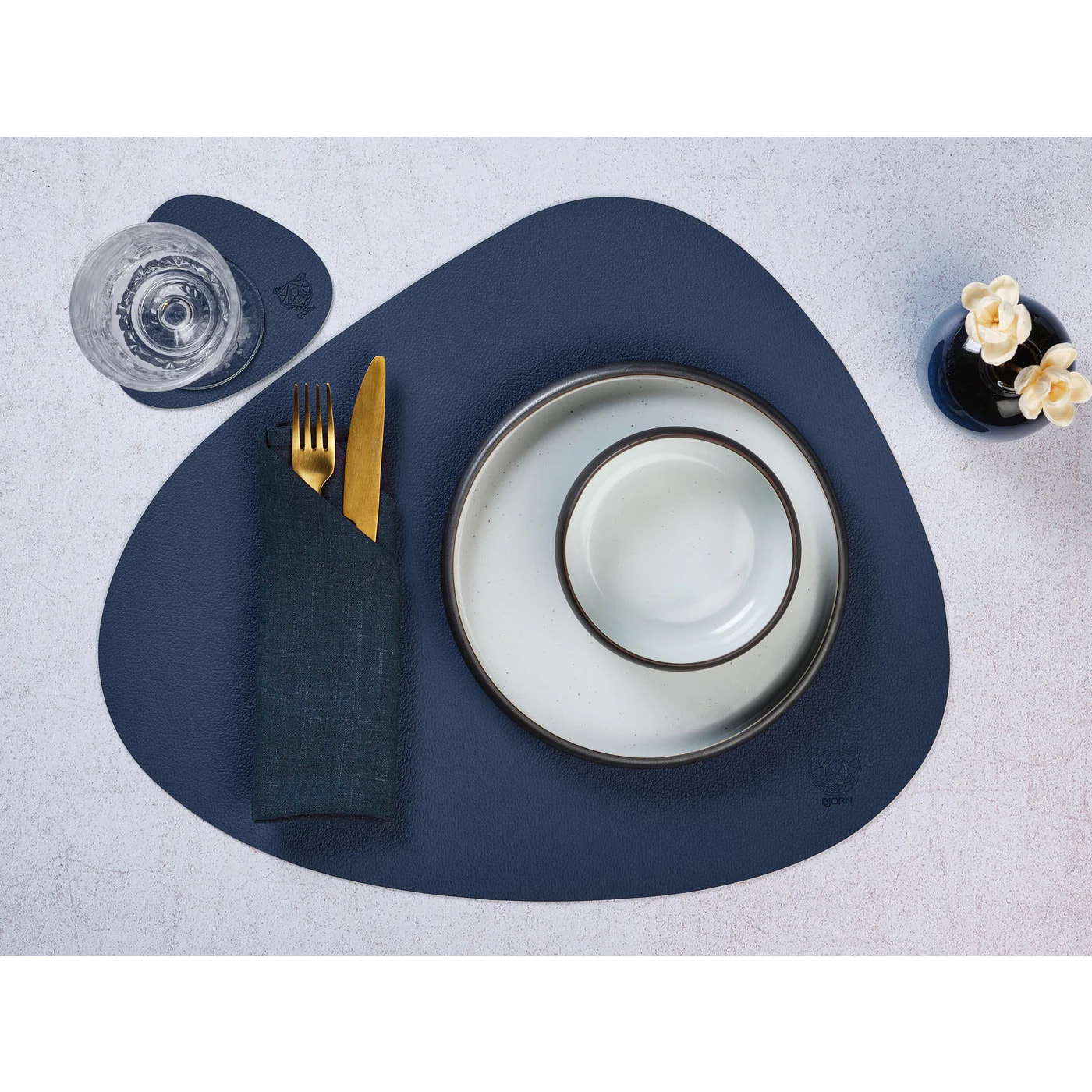 Sous-verre curve réversible - 6 pièces - Cuir recyclé bleu nuit et gris anthracite