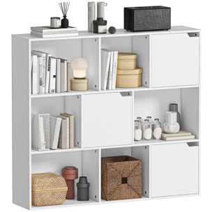 Estantería de 9 Cubos, Librería de 3 Niveles con 3 Puertas y 6 Compartimentos Abiertos, Estilo Moderno, para Dormitorio, Salón, Estudio u Oficina, 106x24x95 cm, Blanco