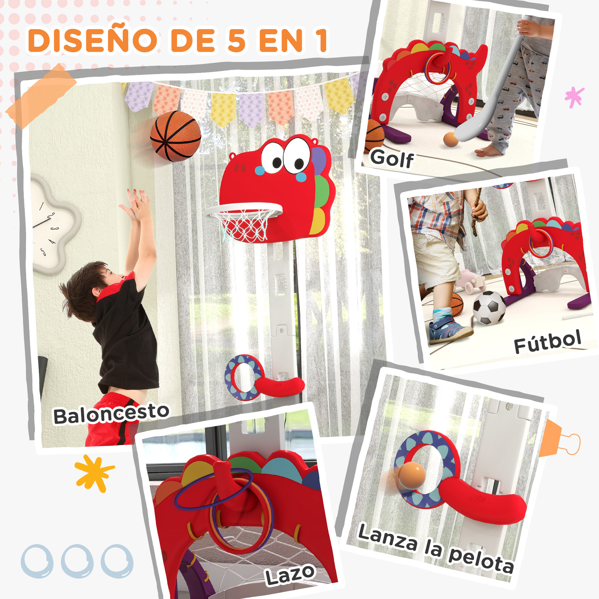 Canasta de Baloncesto Infantil 5 en 1 Canasta de Baloncesto para Niños Altura Ajustable con Fútbol Golf Lazo Juego de Lanzamiento de Pelota para Interior Rojo