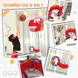 Canasta de Baloncesto Infantil 5 en 1 Canasta de Baloncesto para Niños Altura Ajustable con Fútbol Golf Lazo Juego de Lanzamiento de Pelota para Interior Rojo