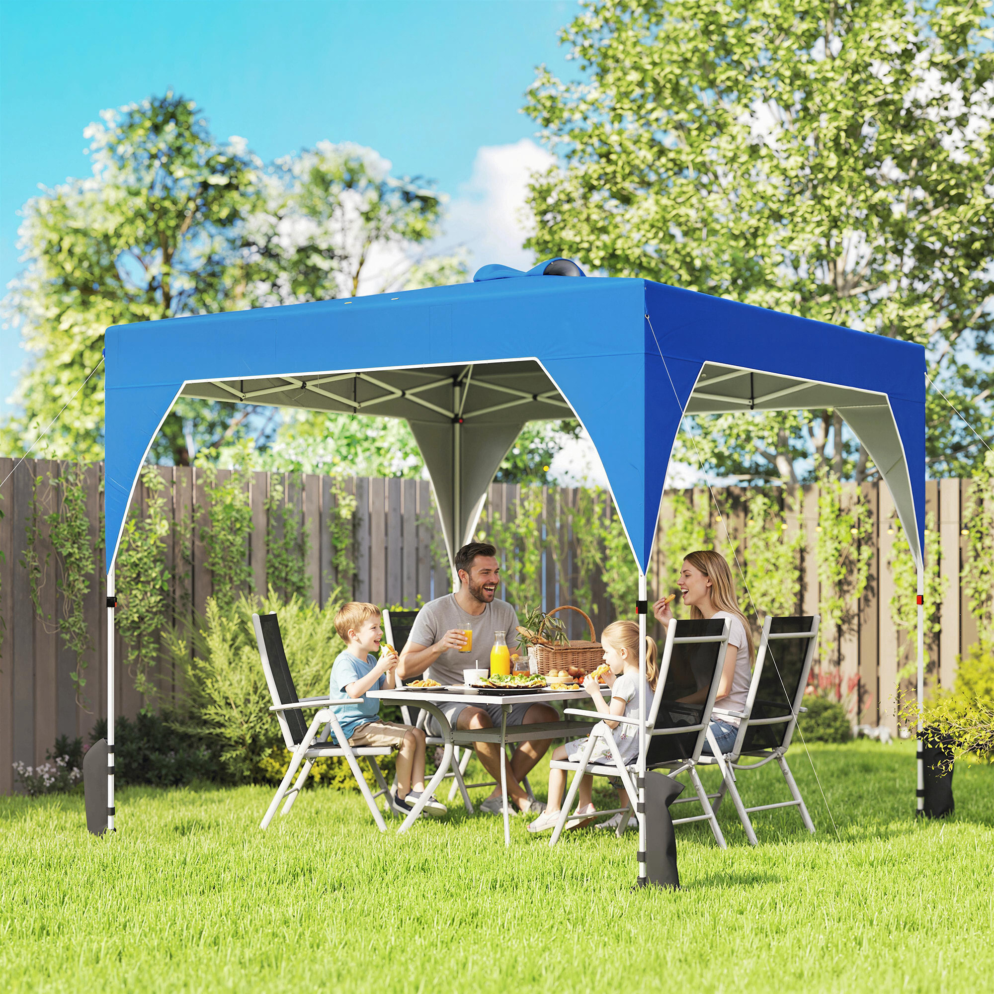 Carpa Plegable 3x3 m, Pop-up, Cenador Pabellón de Jardín con Ventilación Superior, Bloqueo Central, UPF50+, Altura Ajustable 3 Niveles, Bolsa Transporte con Ruedas, Sacos de Arena, Azul