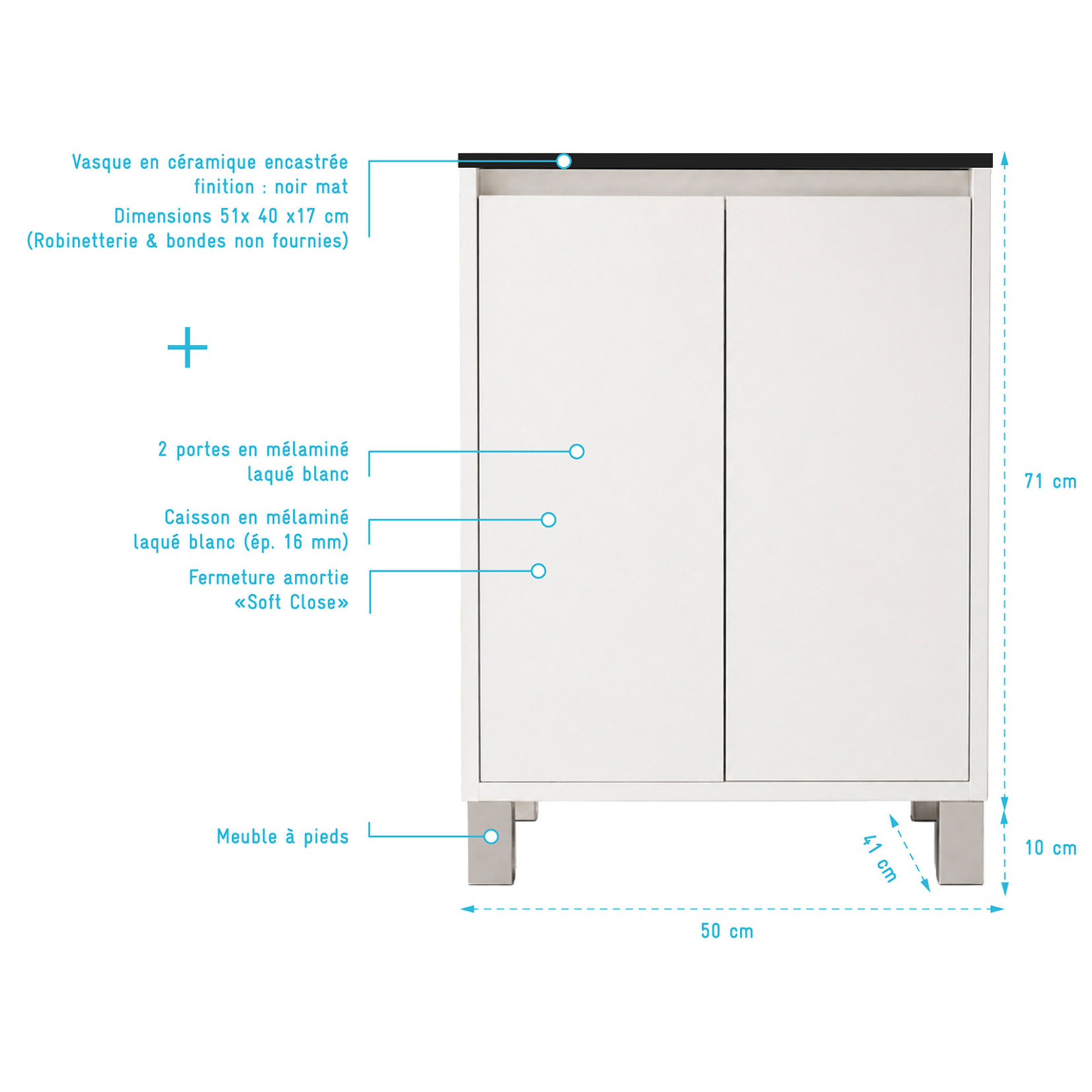 Meuble de Salle de Bains 50 cm Blanc 2 Portes et Vasque Céramique Noire - XENOS